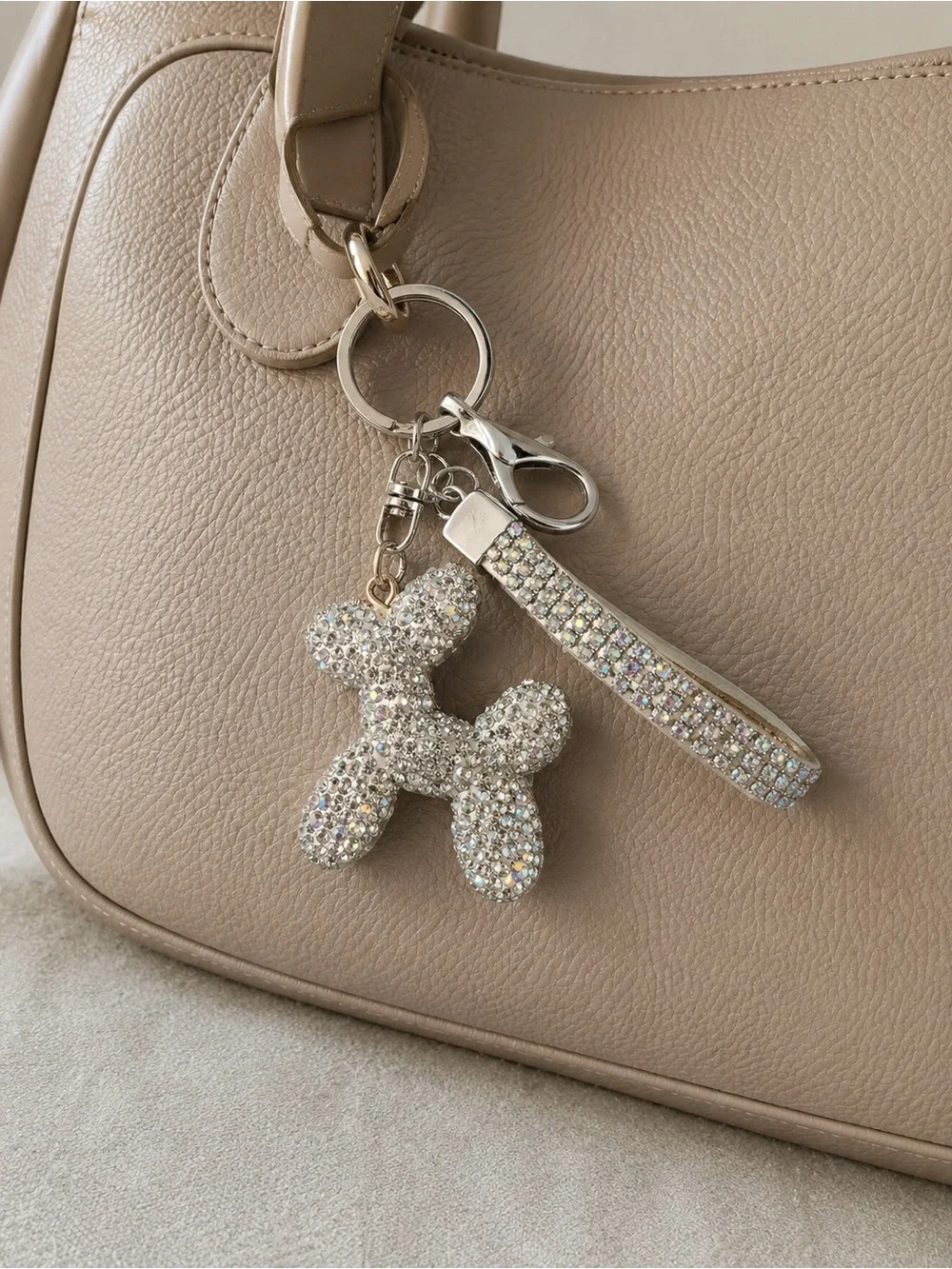 Rhinestone Balloon Dog Keychain Wristlet - Silver bag charm